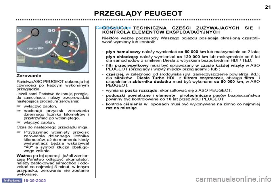 Peugeot Boxer 2002.5 Instrukcja Obsługi (in Polish) 16-09-2002
Zerowanie
Państwa ASO PEUGEOTdokonuje tej
czynności po każdym wykonanym przeglądzie.
Jeżeli sami Państwo dokonują przeglą-
du samochodu, należy przeprowadzić
następuj Peugeot Boxer 2002.5 Instrukcja Obsługi (in Polish) 16-09-2002
Zerowanie
Państwa ASO PEUGEOTdokonuje tej
czynności po każdym wykonanym przeglądzie.
Jeżeli sami Państwo dokonują przeglą-
du samochodu, należy przeprowadzić
następuj