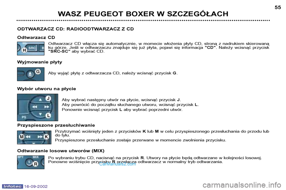 Peugeot Boxer 2002.5 Instrukcja Obsługi (in Polish) 16-09-2002
WASZ PEUGEOT BOXER W SZCZEGÓŁACH55
ODTWARZACZ CD: RADIOODTWARZACZ Z CD
Odtwarzacz CD Odtwarzacz CD włącza się automatycznie, w momecie włożenia płyty CD, stroną z nadr Peugeot Boxer 2002.5 Instrukcja Obsługi (in Polish) 16-09-2002
WASZ PEUGEOT BOXER W SZCZEGÓŁACH55
ODTWARZACZ CD: RADIOODTWARZACZ Z CD
Odtwarzacz CD Odtwarzacz CD włącza się automatycznie, w momecie włożenia płyty CD, stroną z nadr