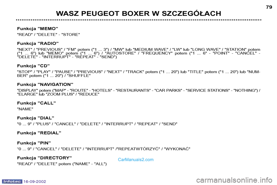Peugeot Boxer 2002.5  Instrukcja Obsługi (in Polish) 16-09-2002
WASZ PEUGEOT BOXER W SZCZEGÓŁACH79
Funkcja "MEMO" 
"READ" / "DELETE" - "STORE" 
Funkcja "RADIO" 
"NEXT" / "PREVIOUS" / "FM" potem ("1 ... 3") / "MW" lub "MEDIUM WAVE" / "LW" lub "LONG WAV