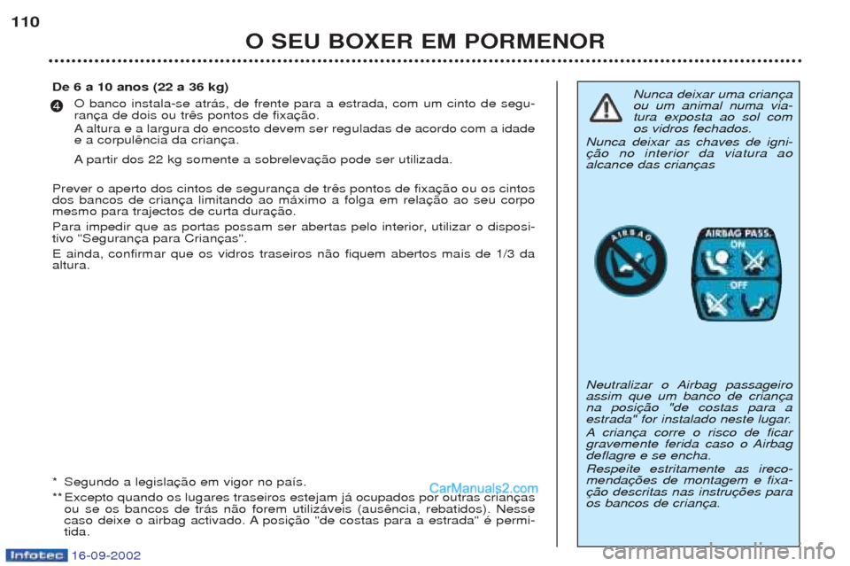Peugeot Boxer 2002.5 Manual do proprietário (in Portuguese) 16-09-2002
O SEU BOXER EM PORMENOR
110
Nunca deixar uma crian ou um animal numa via-tura exposta ao sol comos vidros fechados.
Nunca deixar as chaves de igni-alcance das crian
Neutralizar o Airbag pa Peugeot Boxer 2002.5 Manual do proprietário (in Portuguese) 16-09-2002
O SEU BOXER EM PORMENOR
110
Nunca deixar uma crian ou um animal numa via-tura exposta ao sol comos vidros fechados.
Nunca deixar as chaves de igni-alcance das crian
Neutralizar o Airbag pa