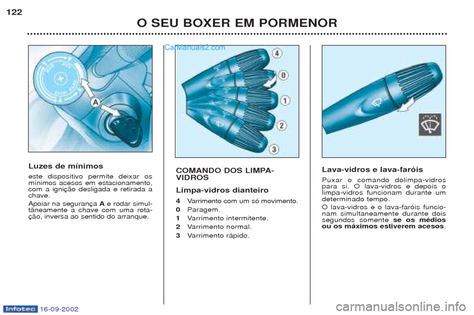 Peugeot Boxer 2002.5 Manual do proprietário (in Portuguese) 16-09-2002
O SEU BOXER EM PORMENOR
122
COMANDO DOS LIMPA- VIDROS Limpa-vidros dianteiro 4
Varrimento com um s— movimento.
0 Paragem.
1 Varrimento intermitente.
2 Varrimento normal.
3 Varrimento r Peugeot Boxer 2002.5 Manual do proprietário (in Portuguese) 16-09-2002
O SEU BOXER EM PORMENOR
122
COMANDO DOS LIMPA- VIDROS Limpa-vidros dianteiro 4
Varrimento com um s— movimento.
0 Paragem.
1 Varrimento intermitente.
2 Varrimento normal.
3 Varrimento r