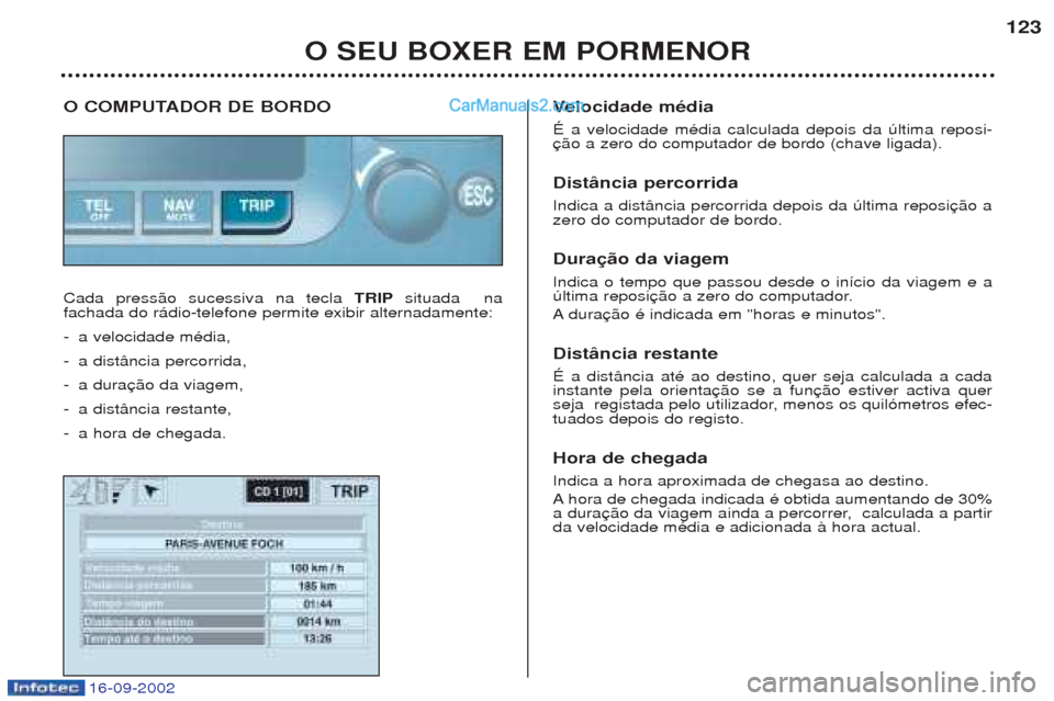 Peugeot Boxer 2002.5 Manual do proprietário (in Portuguese) O SEU BOXER EM PORMENOR123
O COMPUTADOR DE BORDO Cada press‹o sucessiva na tecla
TRIPsituada na
fachada do r‡dio-telefone permite exibir alternadamente:
-a velocidade mŽdia,
-a dist‰ncia p Peugeot Boxer 2002.5 Manual do proprietário (in Portuguese) O SEU BOXER EM PORMENOR123
O COMPUTADOR DE BORDO Cada press‹o sucessiva na tecla
TRIPsituada na
fachada do r‡dio-telefone permite exibir alternadamente:
-a velocidade mŽdia,
-a dist‰ncia p