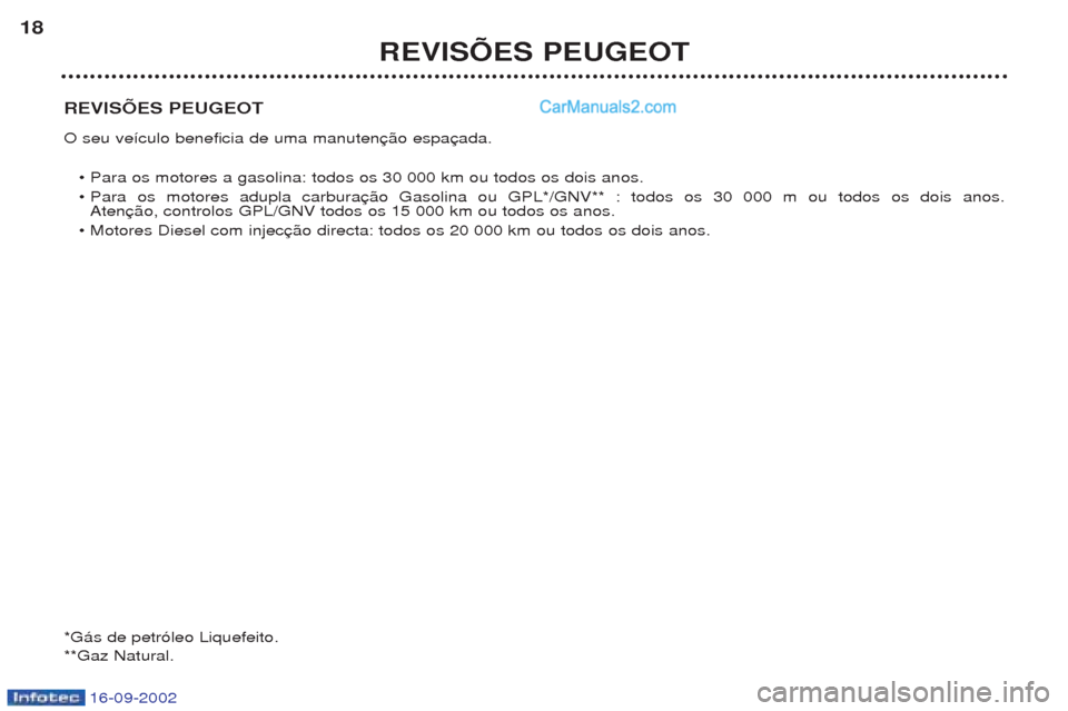 Peugeot Boxer 2002.5 Manual do proprietário (in Portuguese) 16-09-2002
REVISÕES PEUGEOT O seu ve’culo beneficia de uma manuten¥ Para os motores a gasolina: todos os 30 000 km ou todos os dois anos.
¥ Para os motores adupla carburaAten
¥ Motores Diesel c Peugeot Boxer 2002.5 Manual do proprietário (in Portuguese) 16-09-2002
REVISÕES PEUGEOT O seu ve’culo beneficia de uma manuten¥ Para os motores a gasolina: todos os 30 000 km ou todos os dois anos.
¥ Para os motores adupla carburaAten
¥ Motores Diesel c