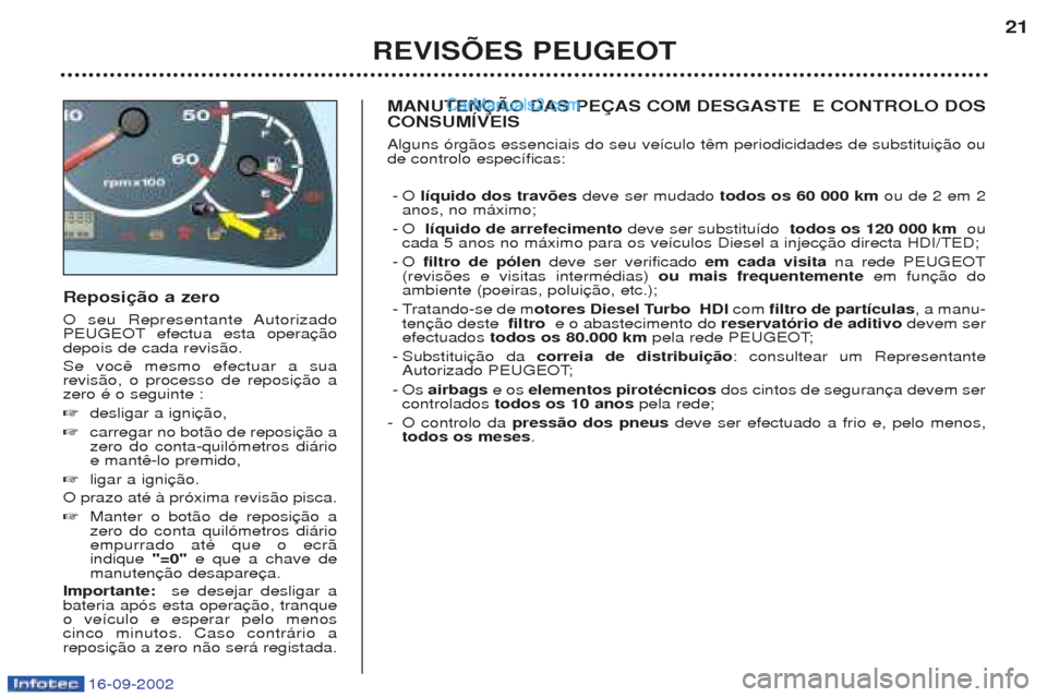 Peugeot Boxer 2002.5 Manual do proprietário (in Portuguese) 16-09-2002
Reposição a zero
O seu Representante Autorizado
PEUGEOT efectua esta operadepois de cada revis‹o. Se voc revis‹o, o processo de reposizero Ž o seguinte : ☞desligar a igni
☞ car Peugeot Boxer 2002.5 Manual do proprietário (in Portuguese) 16-09-2002
Reposição a zero
O seu Representante Autorizado
PEUGEOT efectua esta operadepois de cada revis‹o. Se voc revis‹o, o processo de reposizero Ž o seguinte : ☞desligar a igni
☞ car
