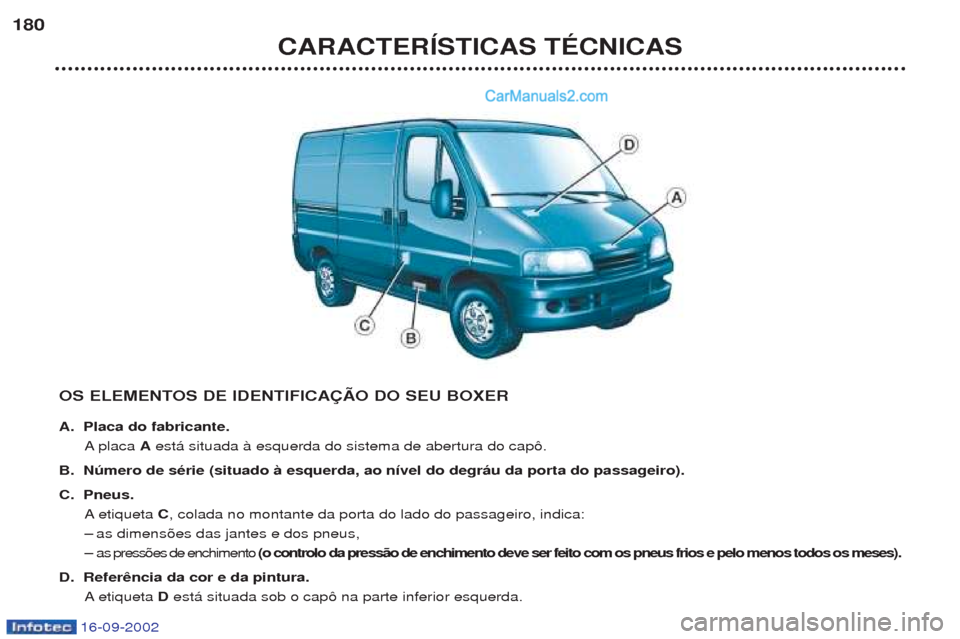 Peugeot Boxer 2002.5  Manual do proprietário (in Portuguese) 16-09-2002
CARACTERÍSTICAS TÉCNICAS
180
OS ELEMENTOS DE IDENTIFICAÇÃO DO SEU BOXER 
A. Placa do fabricante.Aplaca  Aest‡ situada ˆ esquerda do sistema de abertura do cap™.
B. Número de séri