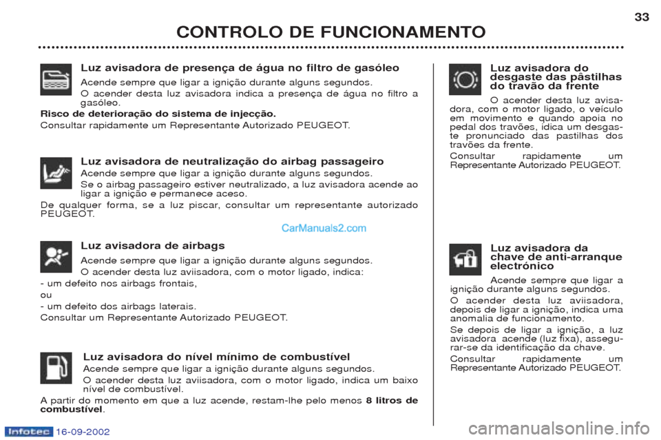 Peugeot Boxer 2002.5  Manual do proprietário (in Portuguese) 16-09-2002
Luz avisadora de presença de água no filtro de gasóleo Acende sempre que ligar a igni O acender desta luz avisadora indica a presen gas—leo.
Risco de deterioração do sistema de injec