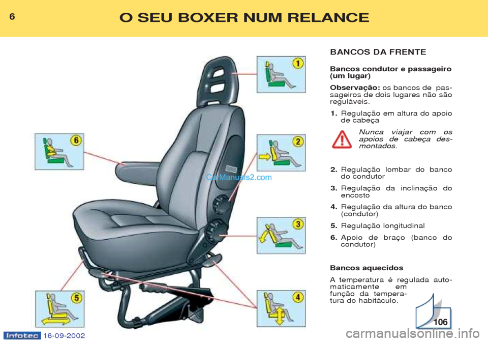 Peugeot Boxer 2002.5  Manual do proprietário (in Portuguese) 16-09-2002
6O SEU BOXER NUM RELANCE
BANCOS DA FRENTE Bancos condutor e passageiro (um lugar) Observação: os bancos de  pas-
sageiros de dois lugares n‹o s‹o regul‡veis.
1. Regulade cabe
Nunca 