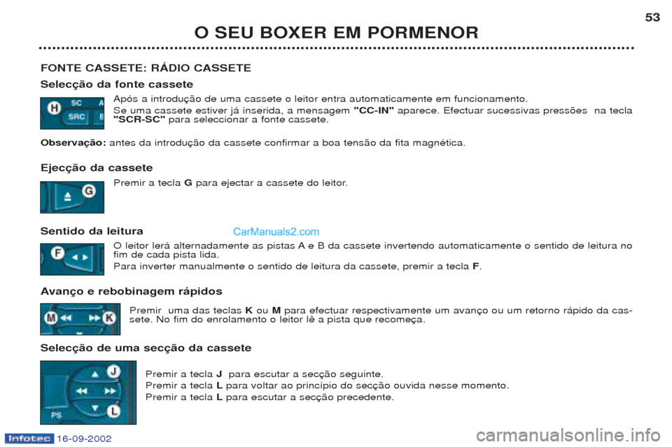 Peugeot Boxer 2002.5 Manual do proprietário (in Portuguese) 16-09-2002
O SEU BOXER EM PORMENOR53
FONTE CASSETE: RÁDIO CASSETE Selecção da fonte cassete Ap—s a introdu Se uma cassete estiver j‡ inserida, a mensagem "CC-IN"aparece. Efectuar sucessivas p Peugeot Boxer 2002.5 Manual do proprietário (in Portuguese) 16-09-2002
O SEU BOXER EM PORMENOR53
FONTE CASSETE: RÁDIO CASSETE Selecção da fonte cassete Ap—s a introdu Se uma cassete estiver j‡ inserida, a mensagem "CC-IN"aparece. Efectuar sucessivas p