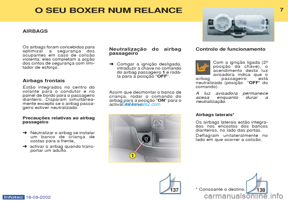 Peugeot Boxer 2002.5 Manual do proprietário (in Portuguese) 16-09-2002
Controlo de funcionamento Com a igni posiacendimento desta luzavisadora indica que o
airbag passageiro est‡neutralizado (posi OFF" do
comando). A luz avisadora permanece
acesa enquanto d Peugeot Boxer 2002.5 Manual do proprietário (in Portuguese) 16-09-2002
Controlo de funcionamento Com a igni posiacendimento desta luzavisadora indica que o
airbag passageiro est‡neutralizado (posi OFF" do
comando). A luz avisadora permanece
acesa enquanto d