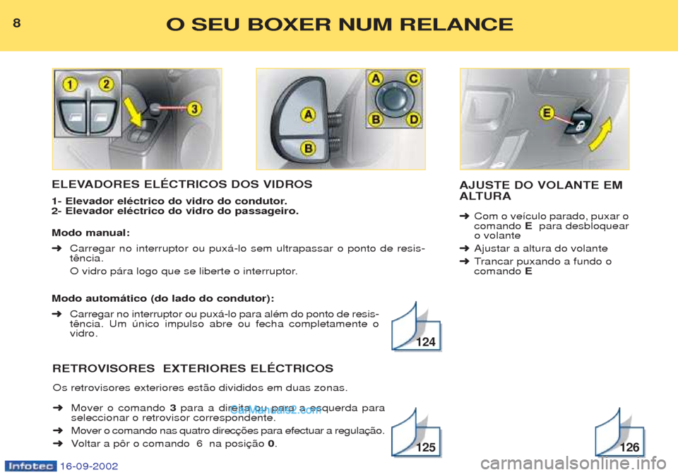 Peugeot Boxer 2002.5 Manual do proprietário (in Portuguese) 16-09-2002
8
ELEVADORES ELÉCTRICOS DOS VIDROS
1- Elevador eléctrico do vidro do condutor. 2- Elevador eléctrico do vidro do passageiro. Modo manual: ➜Carregar no interruptor ou pux‡-lo sem ult Peugeot Boxer 2002.5 Manual do proprietário (in Portuguese) 16-09-2002
8
ELEVADORES ELÉCTRICOS DOS VIDROS
1- Elevador eléctrico do vidro do condutor. 2- Elevador eléctrico do vidro do passageiro. Modo manual: ➜Carregar no interruptor ou pux‡-lo sem ult