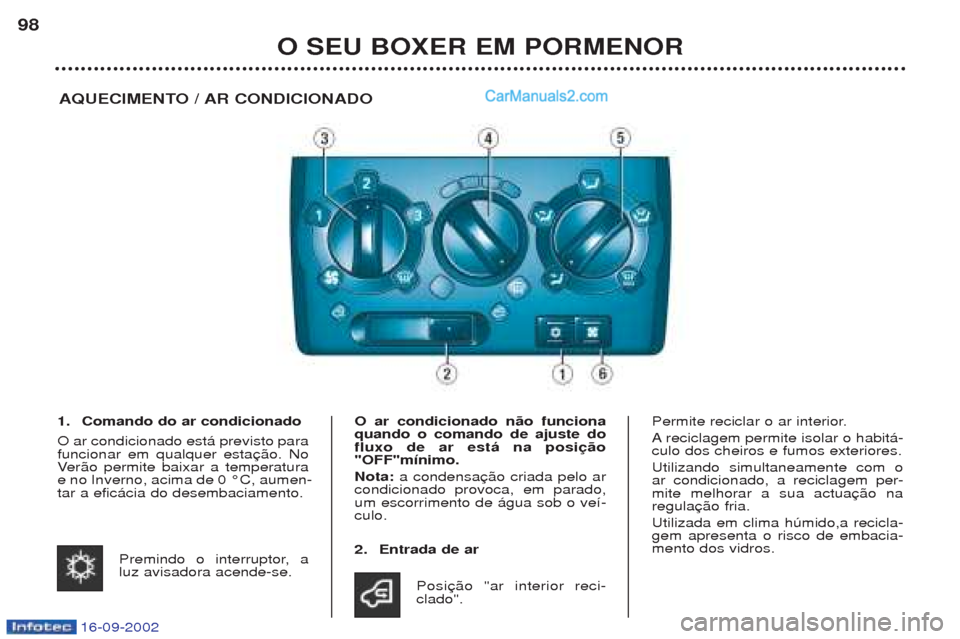 Peugeot Boxer 2002.5  Manual do proprietário (in Portuguese) 16-09-2002
O SEU BOXER EM PORMENOR
98
AQUECIMENTO / AR CONDICIONADO
1. Comando do ar condicionado O ar condicionado est‡ previsto para funcionar em qualquer estaVer‹o permite baixar a temperatura
