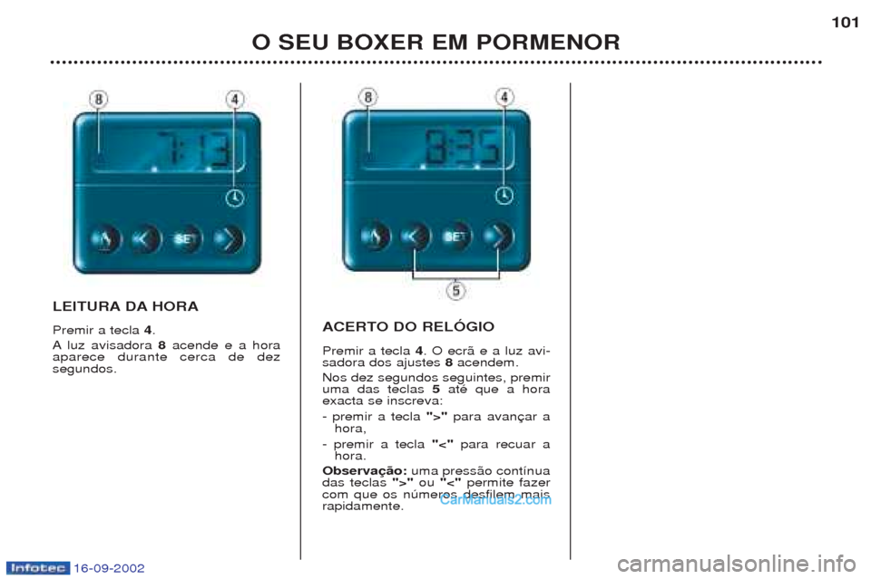 Peugeot Boxer 2002.5 Manual do proprietário (in Portuguese) 16-09-2002
O SEU BOXER EM PORMENOR101
LEITURA DA HORA Premir a tecla
4.
A luz avisadora 8 acende e a hora
aparece durante cerca de dez segundos. ACERTO DO RELÓGIO Premir a tecla
4. O ecr‹ e a l Peugeot Boxer 2002.5 Manual do proprietário (in Portuguese) 16-09-2002
O SEU BOXER EM PORMENOR101
LEITURA DA HORA Premir a tecla
4.
A luz avisadora 8 acende e a hora
aparece durante cerca de dez segundos. ACERTO DO RELÓGIO Premir a tecla
4. O ecr‹ e a l