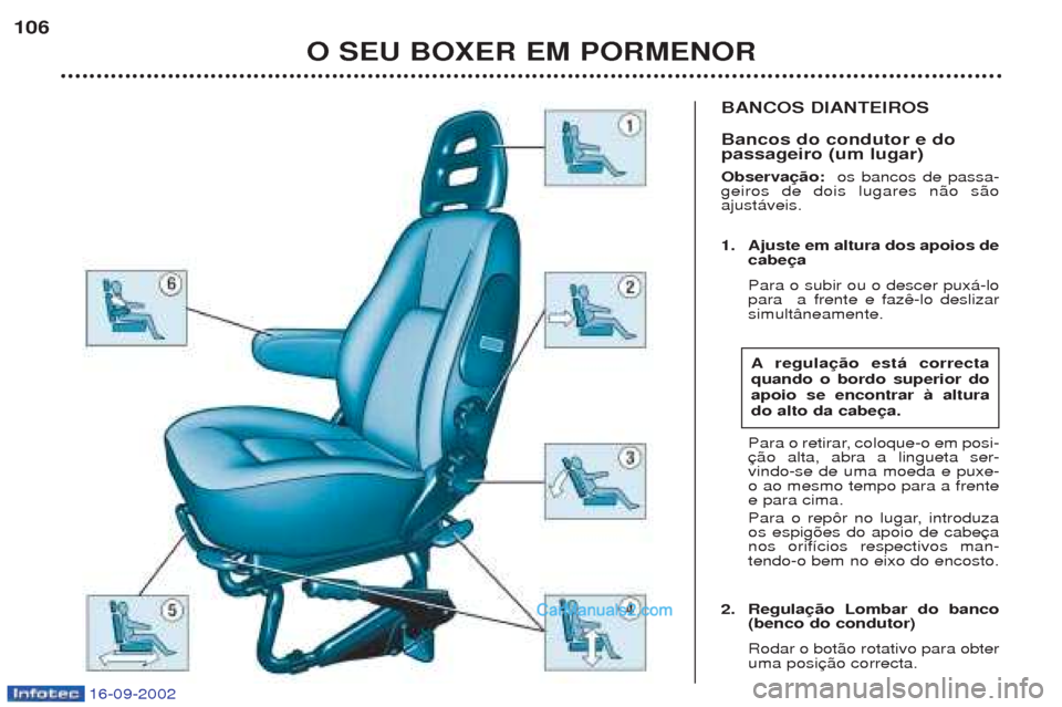 Peugeot Boxer 2002.5  Manual do proprietário (in Portuguese) 16-09-2002
BANCOS DIANTEIROS Bancos do condutor e do passageiro (um lugar) Observação:  os bancos de passa-
geiros de dois lugares n‹o s‹o ajust‡veis. 
1. Ajuste em altura dos apoios de cabeç