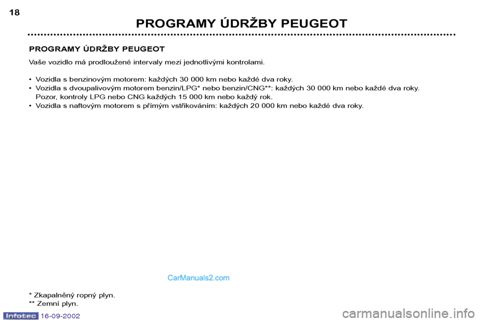 Peugeot Boxer 2002.5  Návod k obsluze (in Czech) 16-09-2002
PROGRAMY ÚDRŽBY PEUGEOT 
Vaše vozidlo má prodloužené intervaly mezi jednotlivými kontrolami. 
• Vozidla s benzinovým motorem: každých 30 000 km nebo každé dva roky. 
• Vozid