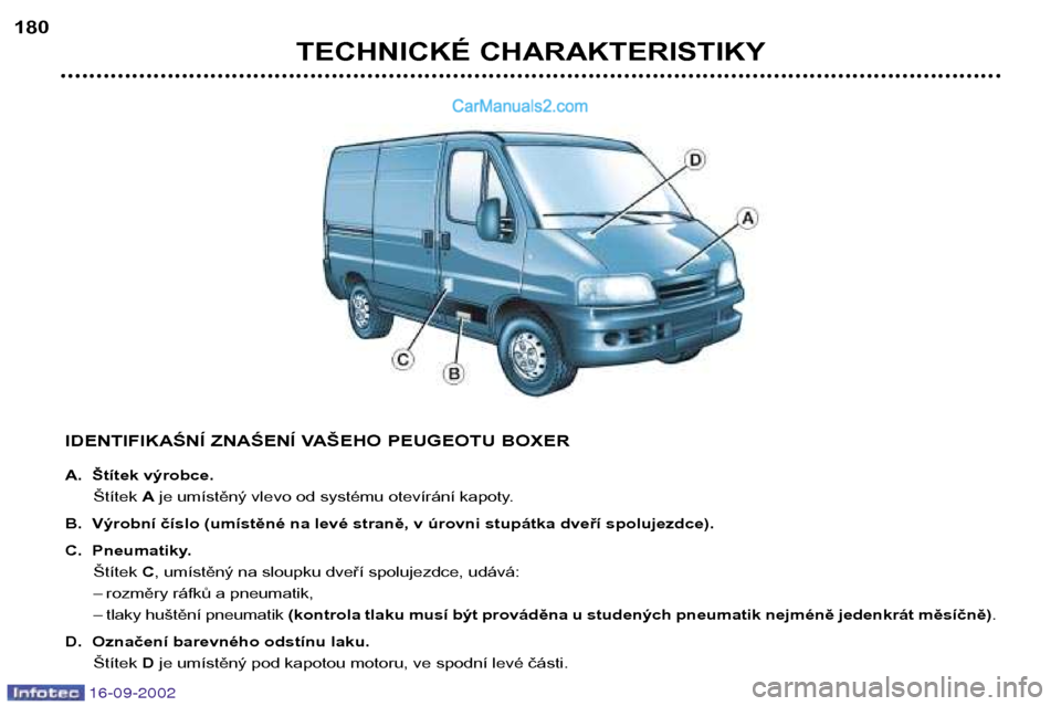 Peugeot Boxer 2002.5  Návod k obsluze (in Czech) 16-09-2002
TECHNICKÉ CHARAKTERISTIKY
180
IDENTIFIKAŚNÍ ZNAŚENÍ VAŠEHO PEUGEOTU BOXER 
A. Štítek výrobce.Štítek  Aje umístěný vlevo od systému otevírání kapoty.
B. Výrobní číslo (