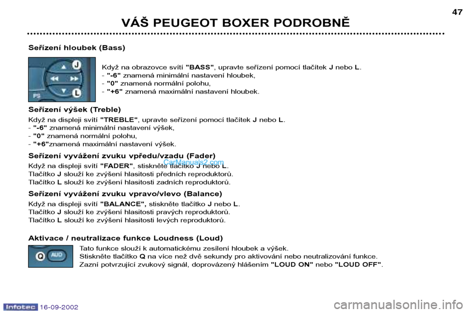 Peugeot Boxer 2002.5  Návod k obsluze (in Czech) 16-09-2002
VÁŠ PEUGEOT BOXER PODROBNĚ47
Seřízení hloubek (Bass) Když na obrazovce svítí  "BASS", upravte seřízení pomocí tlačítek  J nebo  L.
-  "-6" znamená minimální nastavení hlo