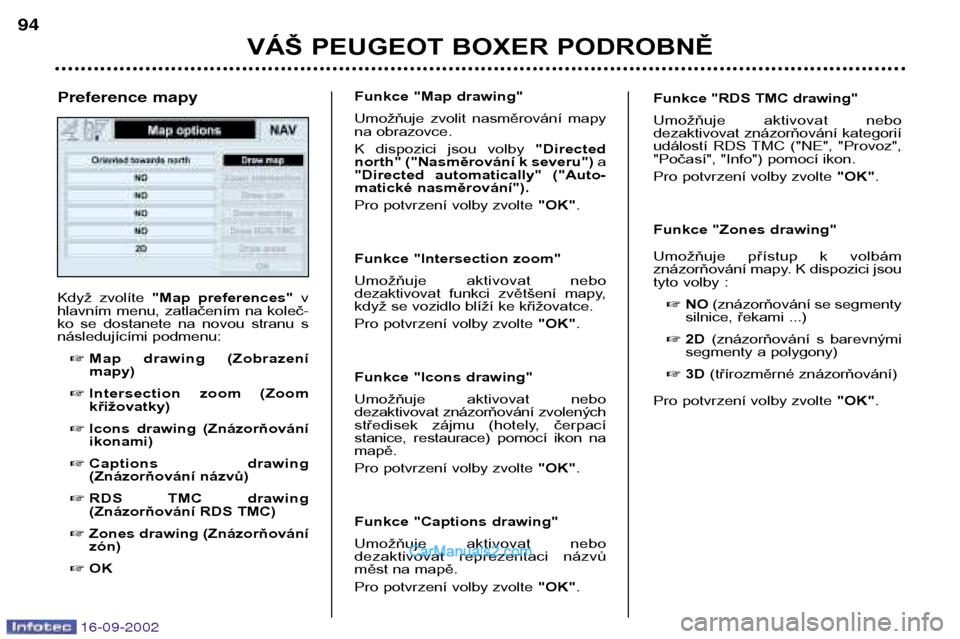 Peugeot Boxer 2002.5  Návod k obsluze (in Czech) 16-09-2002
VÁŠ PEUGEOT BOXER PODROBNĚ
94
Když  zvolíte 
"Map  preferences"  v
hlavním  menu,  zatlačením  na  koleč- 
ko  se  dostanete  na  novou  stranu  s
následujícími podmenu:
� Map  