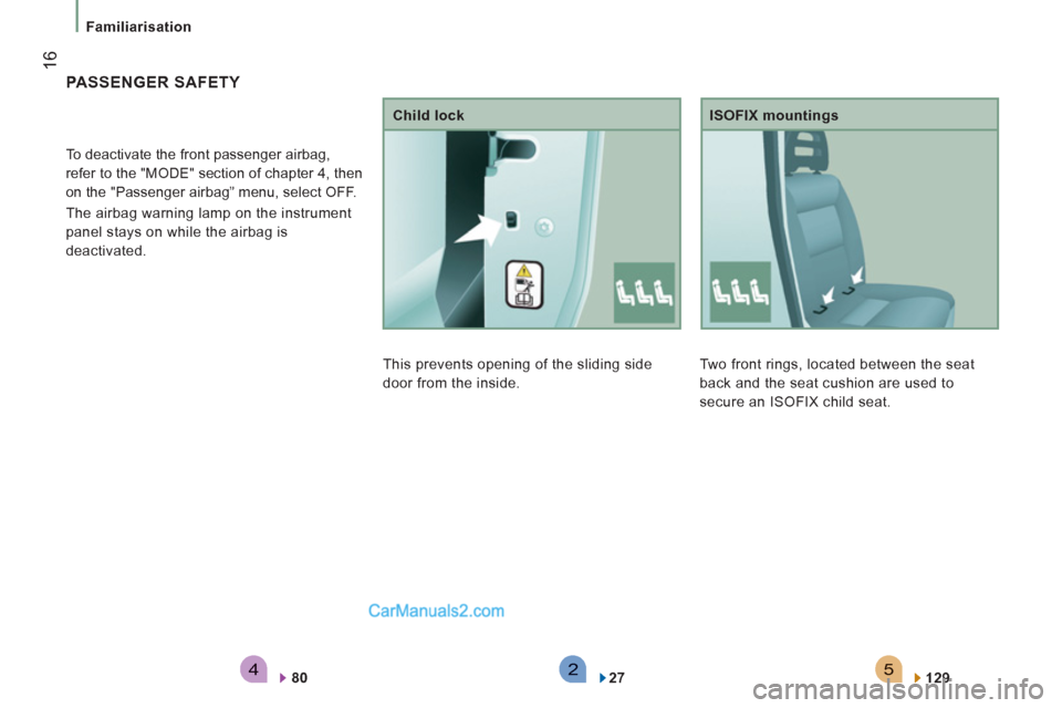 Peugeot Boxer Benne 2012 User Guide 542
16
Familiarisation
  Two front rings, located between the seat 
back and the seat cushion are used to 
secure an ISOFIX child seat.    
ISOFIX mountings 
   
129  
 
 
 
 
PASSENGER SAFETY 
 
 
 
