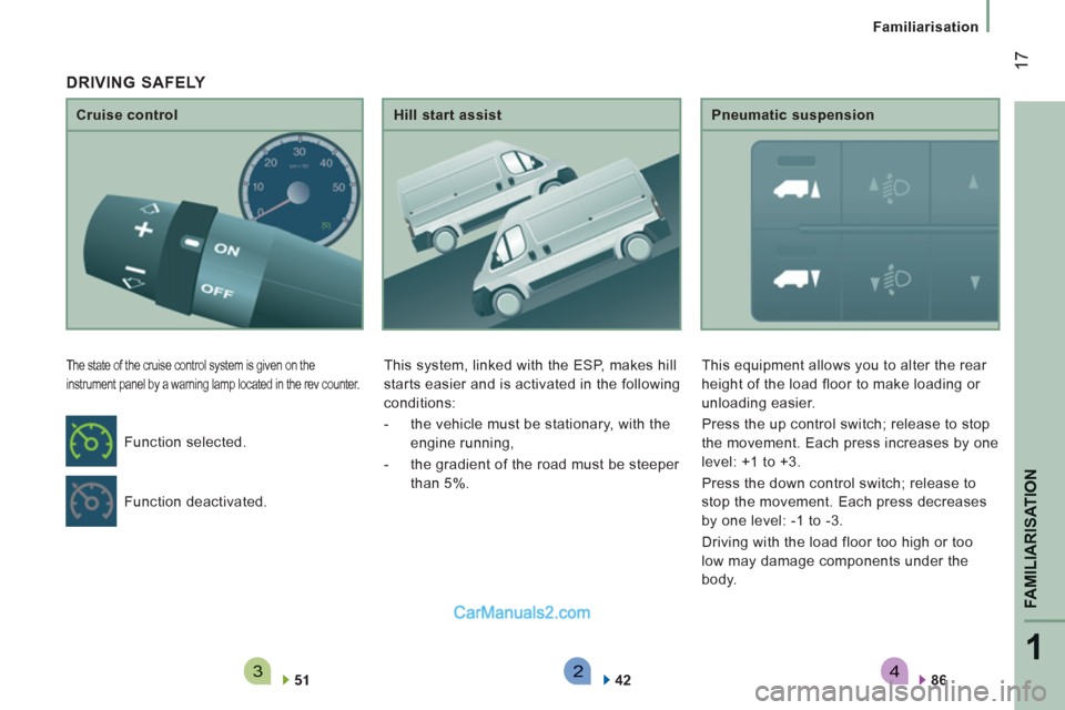 Peugeot Boxer Benne 2012  Owners Manual 4321
FAMILIARISATION
17
Familiarisation
   
Cruise control 
 
The state of the cruise control system is given on the 
instrument panel by a warning lamp located in the rev counter. 
   
51  
    
Hill