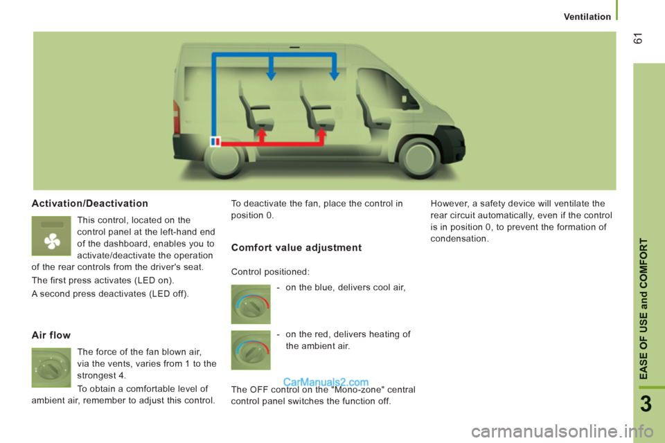 Peugeot Boxer Benne 2012 Repair Manual 61
3
EASE OF USE
and
 COMFOR
T
Ventilation
Activation/Deactivation 
  This control, located on the 
control panel at the left-hand end 
of the dashboard, enables you to 
activate/deactivate the operat