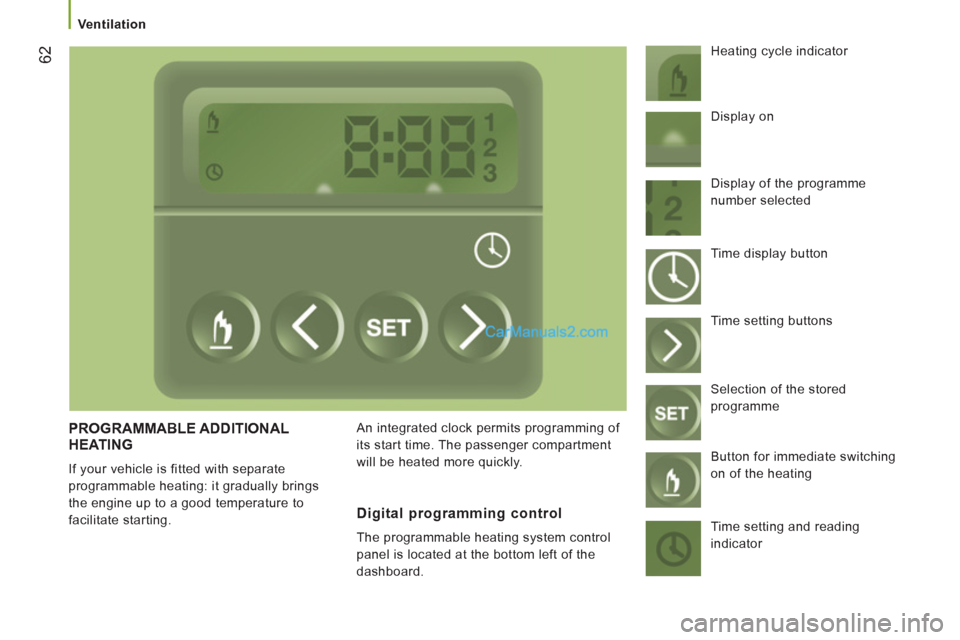 Peugeot Boxer Benne 2012 Repair Manual 62
   
 Ventilation 
 
PROGRAMMABLE ADDITIONAL
HEATING
  If your vehicle is fitted with separate 
programmable heating: it gradually brings 
the engine up to a good temperature to 
facilitate starting