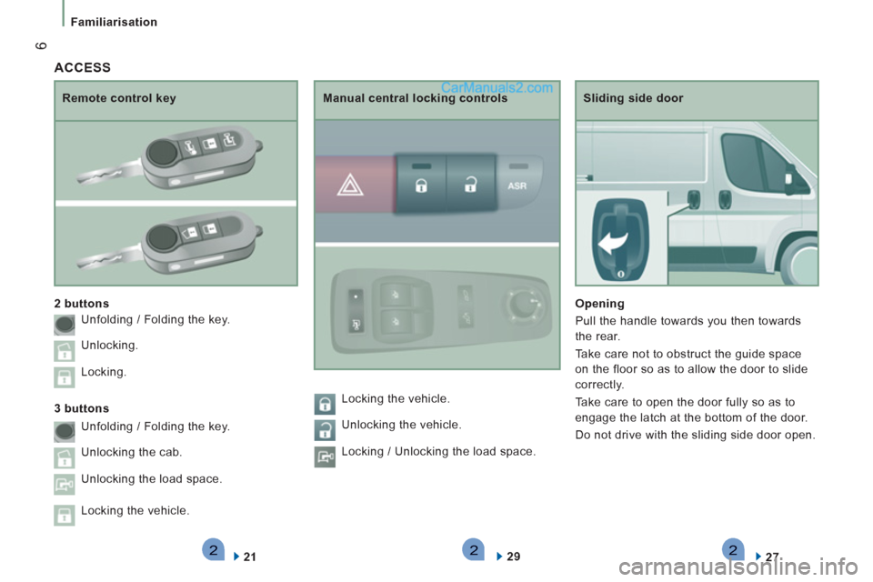 Peugeot Boxer Benne 2012  Owners Manual 222
6
Familiarisation
   
Sliding side door 
   
Opening  
  Pull the handle towards you then towards 
the rear. 
  Take care not to obstruct the guide space 
on the floor so as to allow the door to s