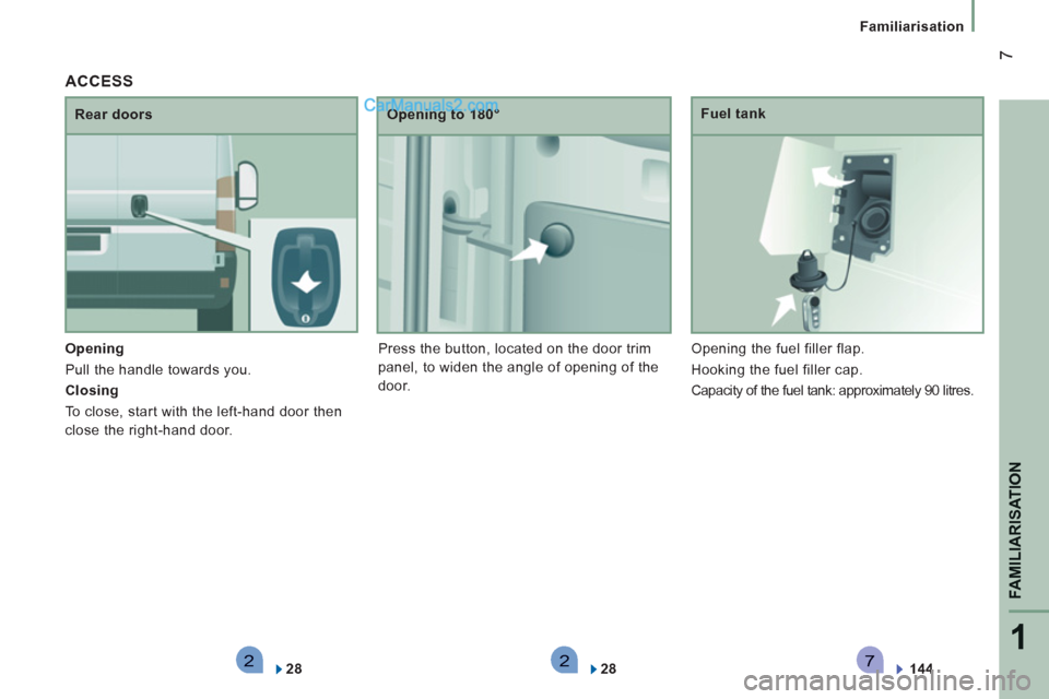 Peugeot Boxer Benne 2012  Owners Manual 2271
FAMILIARISATION
7
Familiarisation
   
Opening  
  Pull the handle towards you. 
   
Closing  
  To close, start with the left-hand door then 
close the right-hand door.    
Rear doors    
Opening