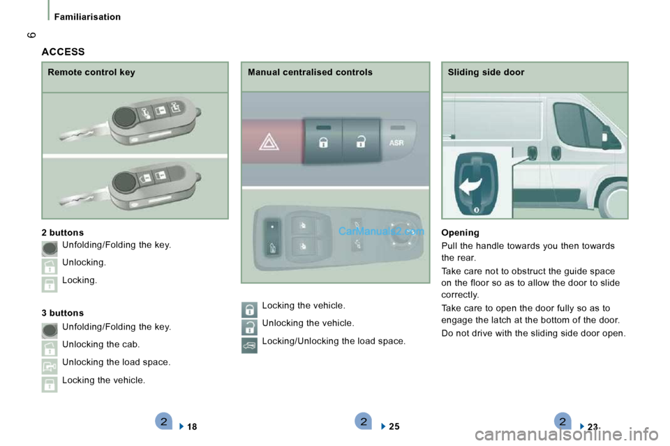 Peugeot Boxer Dag 2010  Owners Manual 222
 6
Familiarisation
  Sliding side door 
  
Opening   
 Pull the handle towards you then towards  
the rear.  
 Take care not to obstruct the guide space  
on the floor so as to allow the door to s