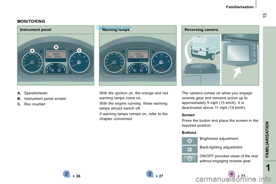 Peugeot Boxer Dag 2010 User Guide 4221
FAMILIARISATION
 15
   Familiarisation   
  Reversing camera 
 The camera comes on when you engage  
reverse gear and remains active up to 
approximately 9 mph (15 km/h). It is 
deactivated above