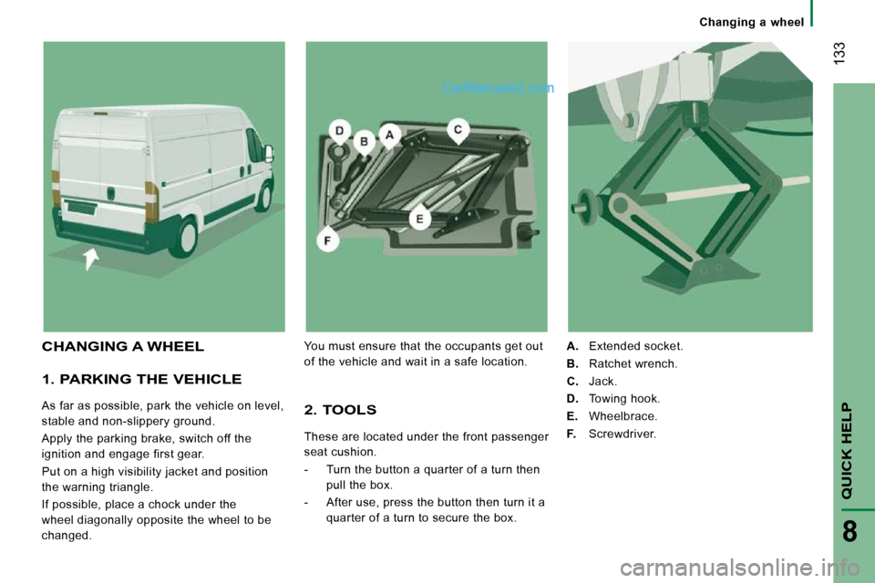 Peugeot Boxer Dag 2010  Owners Manual  133
QUICK HELP
8
   Changing  a  wheel   
  1. PARKING THE VEHICLE 
 As far as possible, park the vehicle on level,  
stable and non-slippery ground.  
 Apply the parking brake, switch off the  
igni