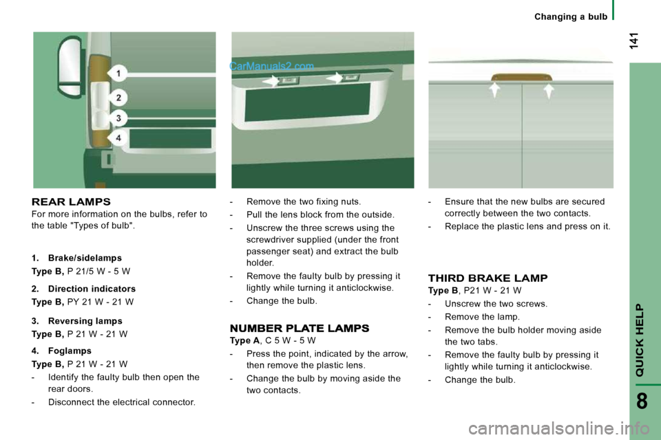 Peugeot Boxer Dag 2010 Owners Manual QUICK HELP
8
Changing a bulb
REAR LAMPS
For more information on the bulbs, refer to
the table "Types of bulb". - Remove the two fixing nuts.
- Pull the lens block from the outsi Peugeot Boxer Dag 2010 Owners Manual QUICK HELP
8
Changing a bulb
REAR LAMPS
For more information on the bulbs, refer to
the table "Types of bulb". - Remove the two fixing nuts.
- Pull the lens block from the outsi