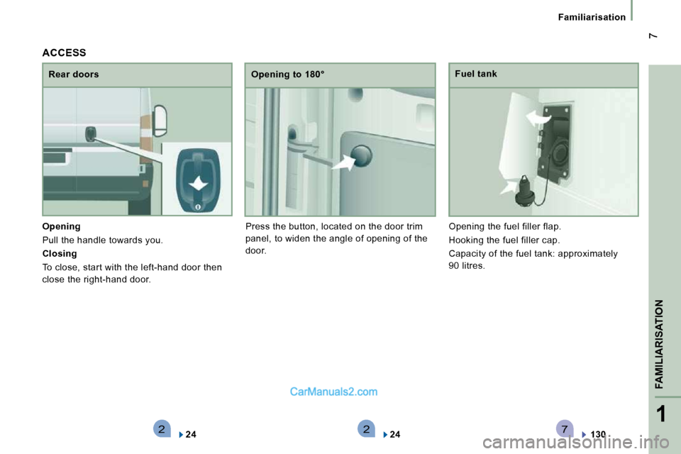 Peugeot Boxer Dag 2010  Owners Manual 2271
FAMILIARISATION
 7
   Familiarisation   
  
Opening   
 Pull the handle towards you.  
  
Closing   
 To close, start with the left-hand door then  
close the right-hand door.    Rear doors 
  Op