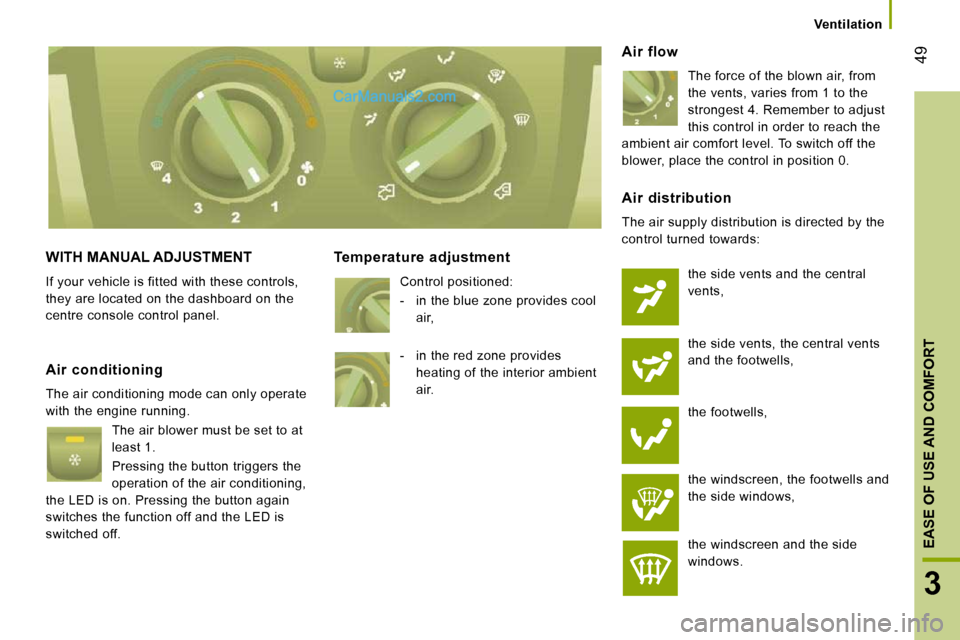 Peugeot Boxer Dag 2010 Service Manual 49
3
EASE OF USE AND COMFORT
      Ventilation      
 WITH MANUAL ADJUSTMENT 
 If your vehicle is fitted with these controls,  
they are located on the dashboard on the 
centre console control panel. 