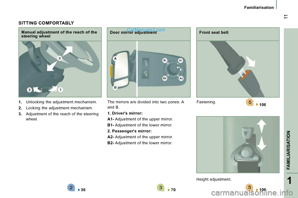 Peugeot Boxer Dag 2010  Owners Manual 523
5
1
FAMILIARISATION
 11
   Familiarisation   
  SITTING  COMFORTABLY 
   
1.    Unlocking the adjustment mechanism. 
  
2.    Locking the adjustment mechanism. 
  
3.    Adjustment of the reach of