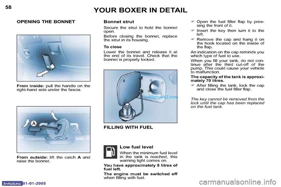 Peugeot Boxer Dag 2005  Owners Manual �5�8
�0�1�-�0�1�-�2�0�0�5
�5�9
�0�1�-�0�1�-�2�0�0�5
�F�  �O�p�e�n�  �t�h�e�  �f�u�e�l�  �i�l�l�e�r�  �l�a�p�  �b�y�  �p�r�e�s�-
�s�i�n�g� �t�h�e� �f�r�o�n�t� �o�f� �i�t�.
�F �  �I�n�s�e�r�t�  �t�h�e� 