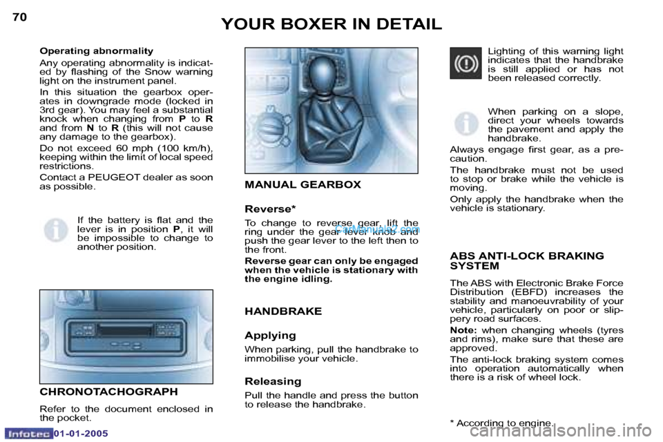 Peugeot Boxer Dag 2005  Owners Manual �7�0
�0�1�-�0�1�-�2�0�0�5
�7�1
�0�1�-�0�1�-�2�0�0�5
�A�B�S� �A�N�T�I�-�L�O�C�K� �B�R�A�K�I�N�G�  
�S�Y�S�T�E�M
�T�h�e� �A�B�S� �w�i�t�h� �E�l�e�c�t�r�o�n�i�c� �B�r�a�k�e� �F�o�r�c�e�  
�D�i�s�t�r�i�b�