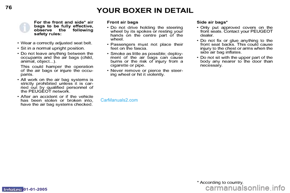 Peugeot Boxer Dag 2005  Owners Manual �7�6
�0�1�-�0�1�-�2�0�0�5
�F�o�r�  �t�h�e�  �f�r�o�n�t�  �a�n�d�  �s�i�d�e�*�  �a�i�r�  
�b�a�g�s�  �t�o�  �b�e�  �f�u�l�l�y�  �e�f�f�e�c�t�i�v�e�,� 
�o�b�s�e�r�v�e�  �t�h�e�  �f�o�l�l�o�w�i�n�g� 
�s�