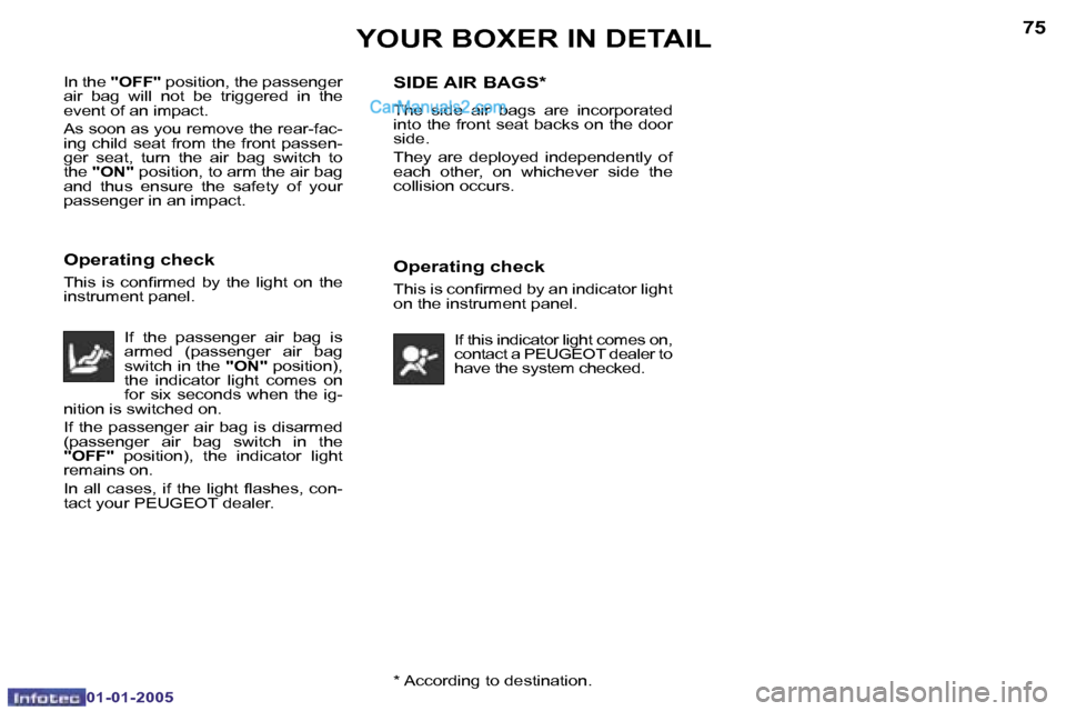 Peugeot Boxer Dag 2005  Owners Manual �7�4
�0�1�-�0�1�-�2�0�0�5
�7�5
�0�1�-�0�1�-�2�0�0�5�*� �A�c�c�o�r�d�i�n�g� �t�o� �d�e�s�t�i�n�a�t�i�o�n�.
�I�n� �t�h�e� 
�"�O�F�F�" � �p�o�s�i�t�i�o�n�,� �t�h�e� �p�a�s�s�e�n�g�e�r� 
�a�i�r�  �b�a�g� 