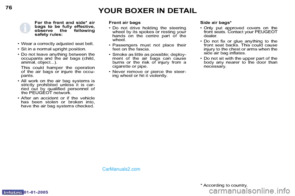 Peugeot Boxer Dag 2005  Owners Manual �7�6
�0�1�-�0�1�-�2�0�0�5
�F�o�r�  �t�h�e�  �f�r�o�n�t�  �a�n�d�  �s�i�d�e�*�  �a�i�r�  
�b�a�g�s�  �t�o�  �b�e�  �f�u�l�l�y�  �e�f�f�e�c�t�i�v�e�,� 
�o�b�s�e�r�v�e�  �t�h�e�  �f�o�l�l�o�w�i�n�g� 
�s�