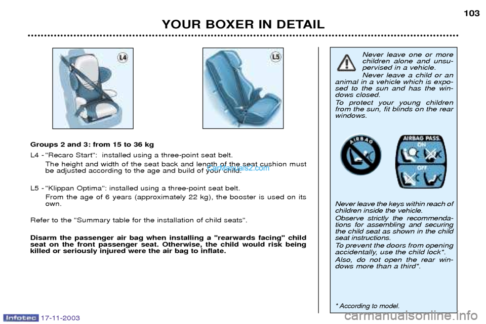 Peugeot Boxer Dag 2003.5  Owners Manual 17-11-2003
YOUR BOXER IN DETAIL103
Never leave one or more children alone and unsu-pervised in a vehicle. Never leave a child or an
animal in a vehicle which is expo- sed to the sun and has the win-do