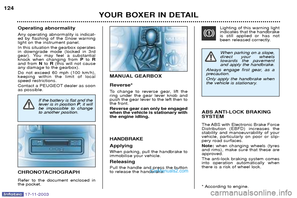 Peugeot Boxer Dag 2003.5  Owners Manual When parking on a slope, direct your wheelstowards the pavementand apply the handbrake.
Always engage first gear, as aprecaution. Only apply the handbrake when 
the vehicle is stationary.
Operating ab