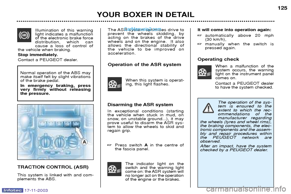 Peugeot Boxer Dag 2003.5  Owners Manual 17-11-2003
The ASR system optimises drive to prevent the wheels skidding, byacting on the brakes of the drivewheels and on the engine.  It alsoallows the directional stability ofthe vehicle to be impr