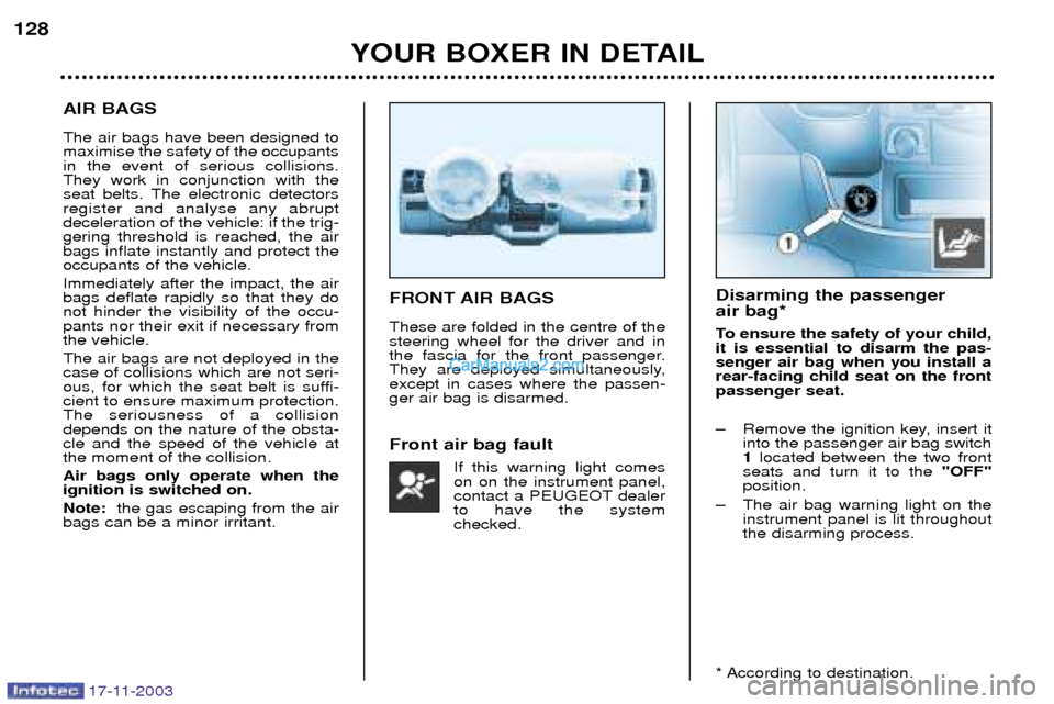 Peugeot Boxer Dag 2003.5 Owners Manual 17-11-2003
YOUR BOXER IN DETAIL
128
AIR BAGS The air bags have been designed to maximise the safety of the occupantsin the event of serious collisions.They work in conjunction with the
seat belts. The Peugeot Boxer Dag 2003.5 Owners Manual 17-11-2003
YOUR BOXER IN DETAIL
128
AIR BAGS The air bags have been designed to maximise the safety of the occupantsin the event of serious collisions.They work in conjunction with the
seat belts. The