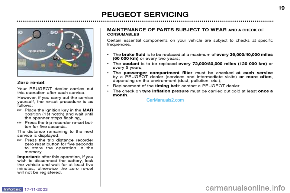 Peugeot Boxer Dag 2003.5 User Guide 17-11-2003
Zero re-set 
Your PEUGEOT dealer carries out this operation after each service. 
However, if you carry out the service yourself, the re-set procedure is asfollows: Place the ignition key i