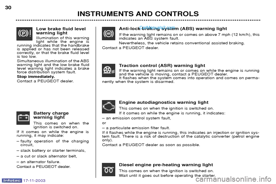 Peugeot Boxer Dag 2003.5 Owners Guide 17-11-2003
Anti-lock braking system (ABS) warning light If the warning light remains on or comes on above 7 mph (12 km/h), this 
indicates an ABS system fault. Nevertheless, the vehicle retains conven