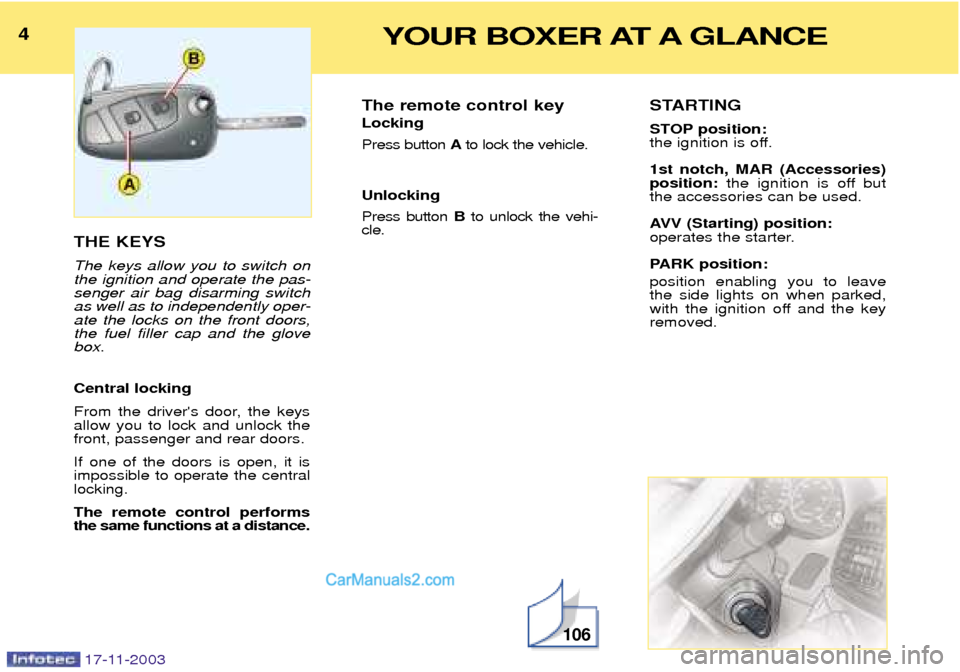 Peugeot Boxer Dag 2003.5  Owners Manual 4YOUR BOXER AT A GLANCE
17-11-2003
THE KEYS The keys allow you to switch on the ignition and operate the pas-senger air bag disarming switchas well as to independently oper-ate the locks on the front 