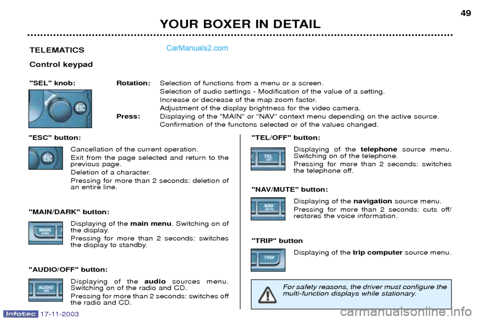 Peugeot Boxer Dag 2003.5 Service Manual TELEMATICS Control keypad
"SEL" knob: Rotation:Selection of functions from a menu or a screen. Selection of audio settings - Modification of the value of a setting.
Increase or decrease of the map zo Peugeot Boxer Dag 2003.5 Service Manual TELEMATICS Control keypad
"SEL" knob: Rotation:Selection of functions from a menu or a screen. Selection of audio settings - Modification of the value of a setting.
Increase or decrease of the map zo