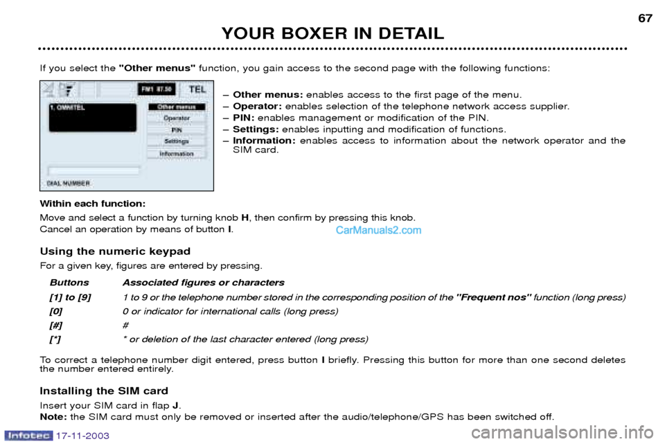 Peugeot Boxer Dag 2003.5 Repair Manual YOUR BOXER IN DETAIL67
If you select the "Other menus" function, you gain access to the second page with the following functions:
Ð Other menus: enables access to the first page of the menu.
Ð Oper Peugeot Boxer Dag 2003.5 Repair Manual YOUR BOXER IN DETAIL67
If you select the "Other menus" function, you gain access to the second page with the following functions:
Ð Other menus: enables access to the first page of the menu.
Ð Oper