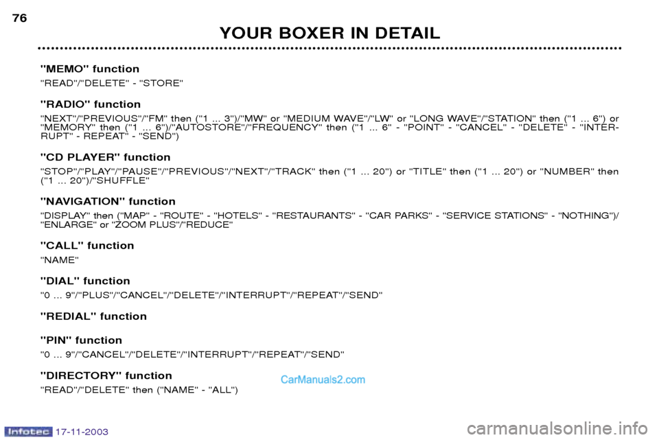 Peugeot Boxer Dag 2003.5 Manual PDF 17-11-2003
YOUR BOXER IN DETAIL
76
"MEMO" function 
"READ"/"DELETE" - "STORE" "RADIO" function 
"NEXT"/"PREVIOUS"/"FM" then ("1 ... 3")/"MW" or "MEDIUM WAVE"/"LW" or "LONG WAVE"/"STATION" then ("1 ...