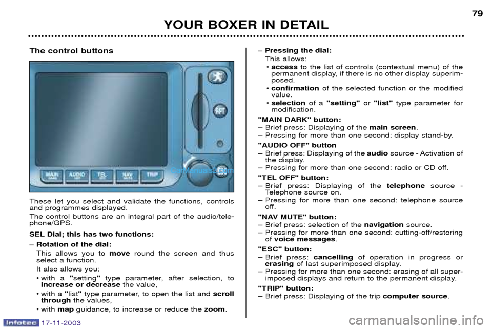 Peugeot Boxer Dag 2003.5 Manual PDF 17-11-2003
YOUR BOXER IN DETAIL79
The control buttons These let you select and validate the functions, controls and programmes displayed.  The control buttons are an integral part of the audio/tele- p